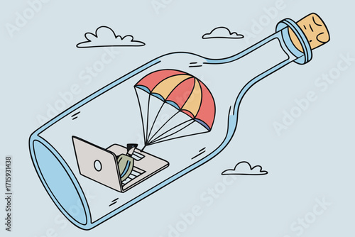 Cartoon glass bottle corked containing a person parachuting onto a laptop symbolizing digital escape.