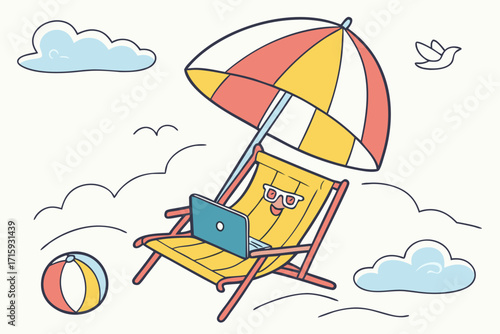 Cartoon Personified Beach Chair with Sunglasses Smiling Holding Laptop Under Colorful Striped Umbrella.