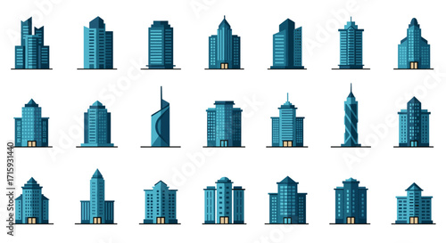 Modern skyscraper collection with blue tones and minimalist design