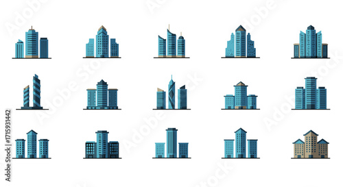Modern flat stylized skyscraper icons set featuring various urban architectural designs