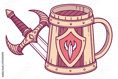 Cartoon Wooden Beer Mug with Fantasy Sword and Shield Crest Illustration.