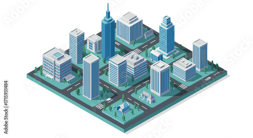 Isometric cityscape with skyscrapers and roads in modern urban design