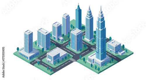 Modern isometric cityscape with skyscrapers and green spaces