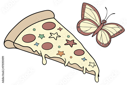 Cartoon Pizza Slice with Melting Cheese and Colorful Star Toppings HandDrawn Vector.