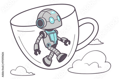 Charming gray robot with bright blue accents standing inside a white teacup cartoon style.