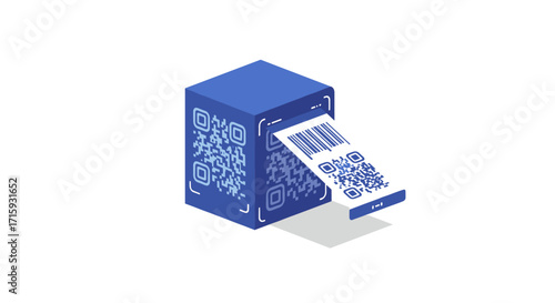 Isometric barcode scanner machine with qr code integration and blue 3d design