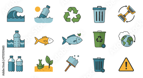 Environmental conservation icons: recycling, pollution, and wildlife awareness
