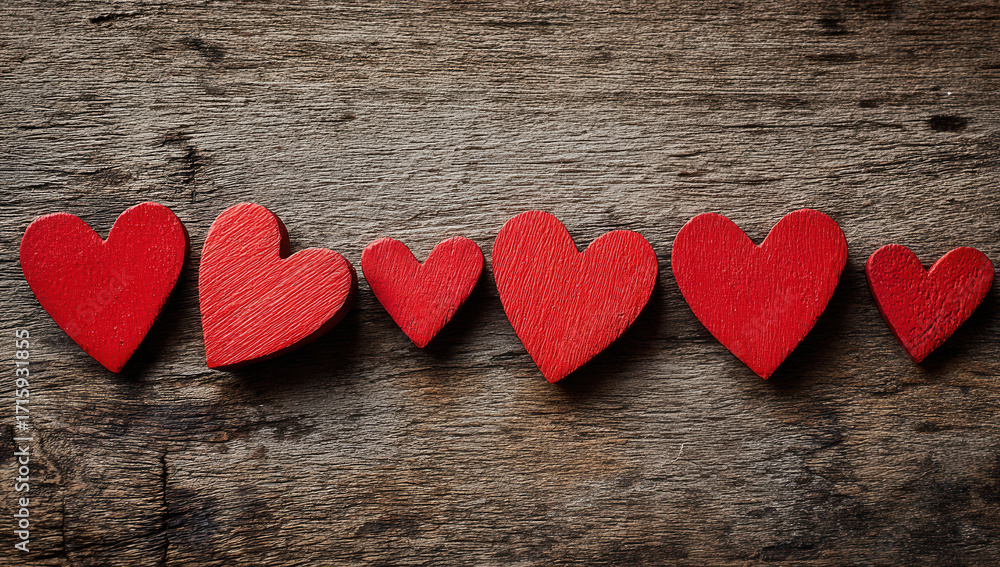 Fototapeta premium Wooden red hearts arranged in a line on a rustic wooden surface, perfect for expressing love and affection