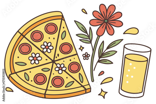 Cheerful flat design pizza slice with pepperoni floral toppings refreshing juice glass and decorative botanical elements.
