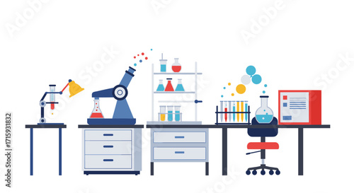 Modern laboratory workspace with scientific equipment and chemical research tools