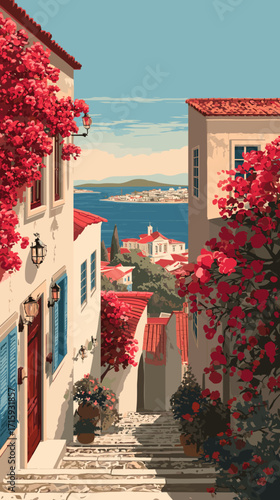  Cityscape of Bodrum, Turkey, attractive touristic advertisement poster, beautiful touristic must-see destination. Beautiful tourist destination, in eastern central europe. Historic buildings, mosque,