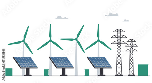Renewable energy landscape with wind turbines and solar panels in flat design