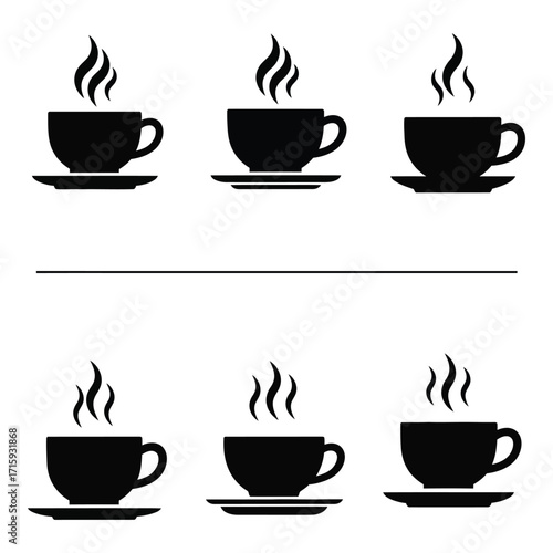 Six silhouette coffee cup icons with steam representing hot beverages and morning routines silhouette