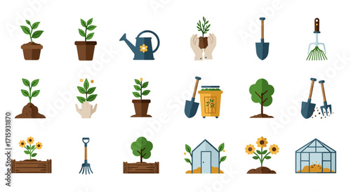 Gardening tools and plants collection for home garden enthusiasts