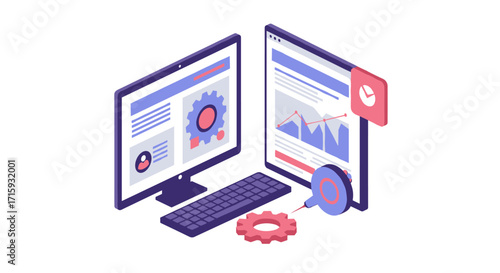 Isometric digital analytics and data visualization on dual monitors