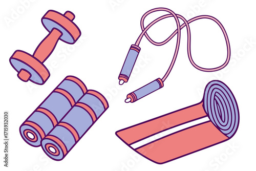 Colorful Fitness Equipment Set Dumbbell Jump Rope Hand Weights and Rolled Yoga Mat.