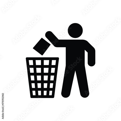 Simple black and white vector illustration of person disposing waste in bin silhouette vector illustration white background