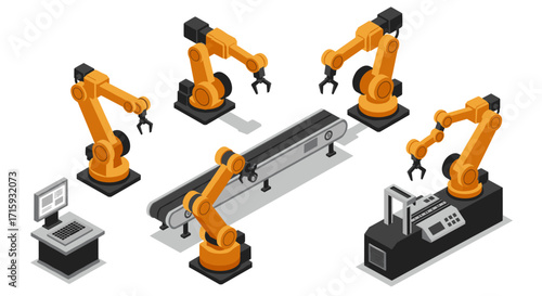 Isometric industrial automation scene with robotic arms and conveyor belt