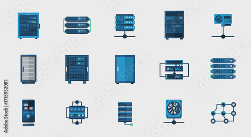 Set of data center and server icons in modern flat style