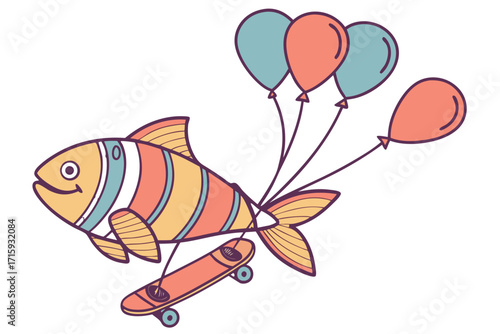 Colorful striped cartoon fish on skateboard holding four vibrant balloons playful doodle illustration.