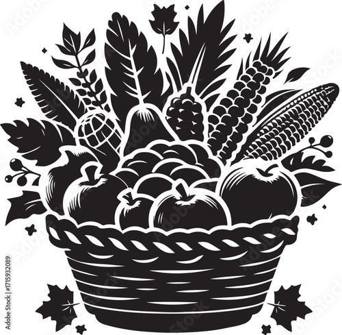 silhouette black Cornucopia basket filled with fruits and vegetables, thanksgiving vector