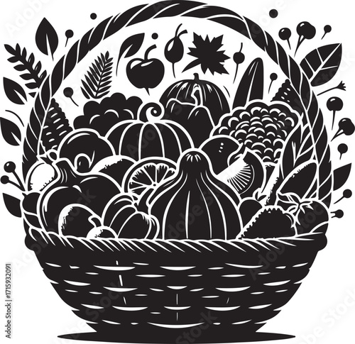 silhouette black Cornucopia basket filled with fruits and vegetables, thanksgiving vector