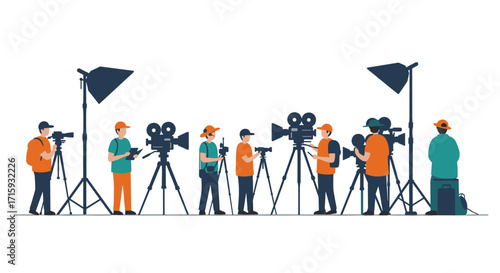 Film production crew with cameras and lighting in a minimalist flat design