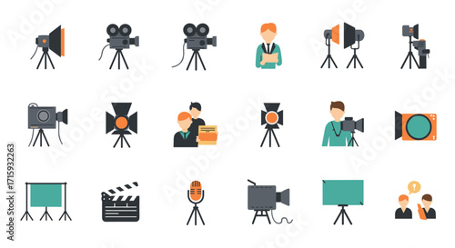 Flat style media equipment and professionals icons set