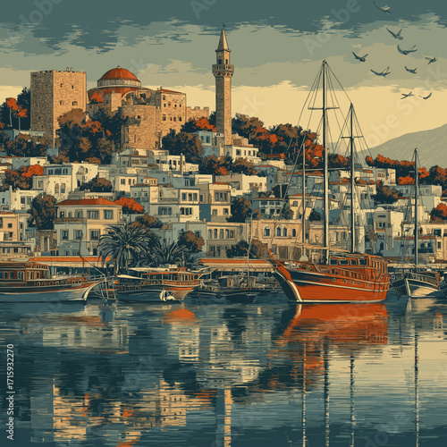  Cityscape of Bodrum, Turkey, attractive touristic advertisement poster, beautiful touristic must-see destination. Beautiful tourist destination, in eastern central europe. Historic buildings, mosque,