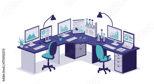 Isometric office workspace with computers and lab equipment