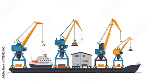Industrial port scene with cargo ship and cranes in flat design