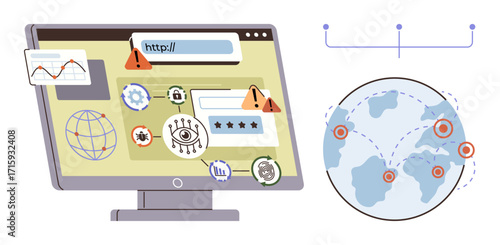 Computer screen displays cyber threats thumbs up malware icons, phishing alerts, and security vulnerabilities, alongside a globe with network connections. Ideal for cybersecurity, data protection