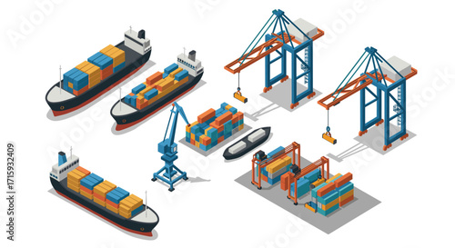 Isometric cargo port with cranes and container ships for logistics and transport