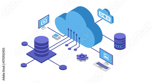 Isometric cloud computing concept with data servers and devices