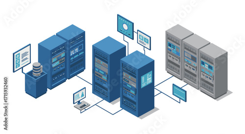 Isometric data center network with connected servers and monitors in blue and gray