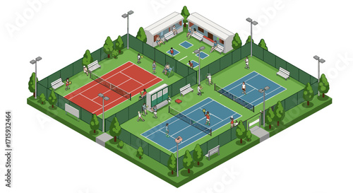 Isometric tennis complex with multiple courts and clubhouse