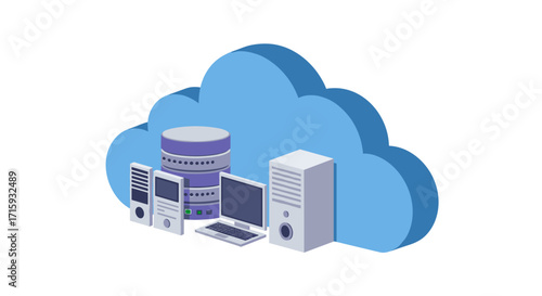 Isometric cloud computing concept with servers and computers