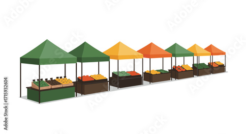 Colorful market stalls with fresh produce displayed in a row