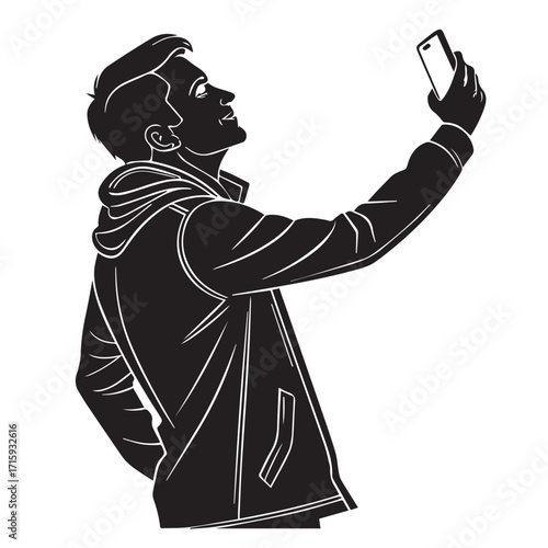 Silhouette of a man taking a selfie isolated on white background, capturing a modern moment of selfexpression and technology use in a simple yet striking visual