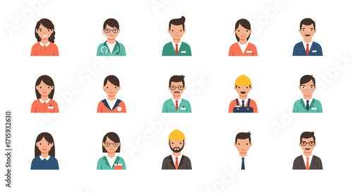 Diverse professional avatars set in flat design style for business and healthcare themes