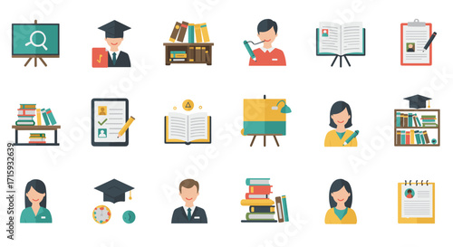 Educational icons set: learning, books, and graduation in flat design