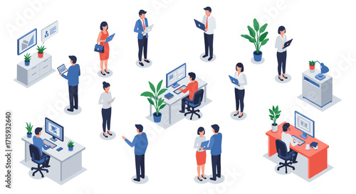 Isometric office workers engaged in various tasks with technology and communication