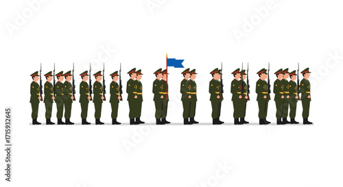 Military parade formation with soldiers in line holding blue flag