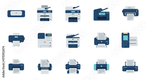 Diverse collection of modern printer icons in flat style
