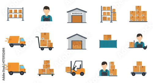 Flat style warehouse and logistics elements for efficient inventory management