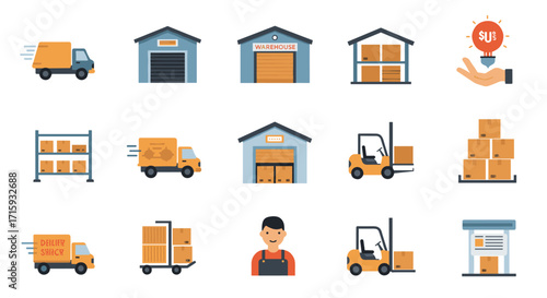 Flat style warehouse and logistics icons with delivery truck and forklift