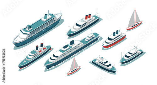 Isometric collection of luxury yachts and boats in various styles and sizes