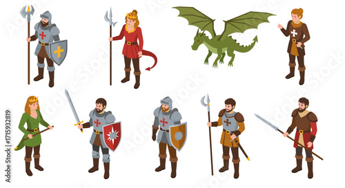 Medieval fantasy characters with knights, dragon, and adventurers in isometric style