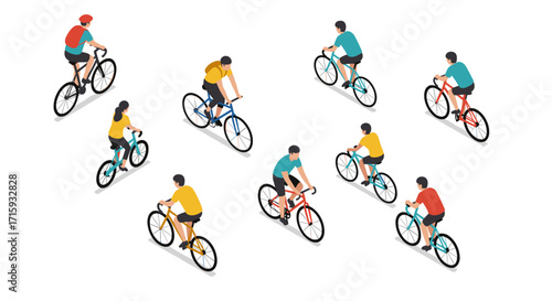 Isometric cyclists in motion: diverse group riding bicycles outdoors