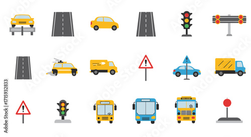 Flat colorful icons of vehicles and road signs for traffic and transportation